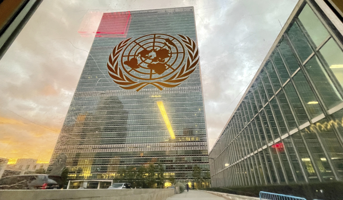 The United Nations headquarters building is seen from inside the General Assembly hall, on Sept. 21, 2021. (AP)