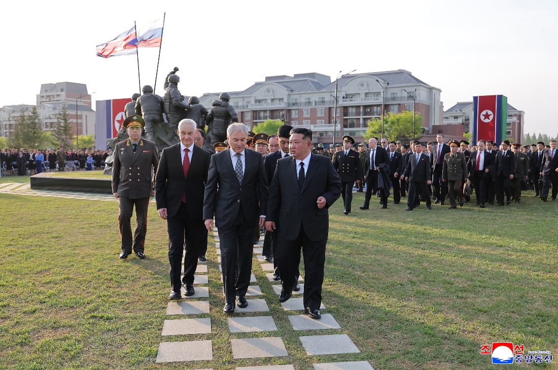 Kim Jong Un, Russian parliament speaker Vyacheslav Volodin and Russian Defense Minister Andrei Beloussov attend an inaugural ceremony of a memorial museum in Pyongyang, North Korea. (KCNA)