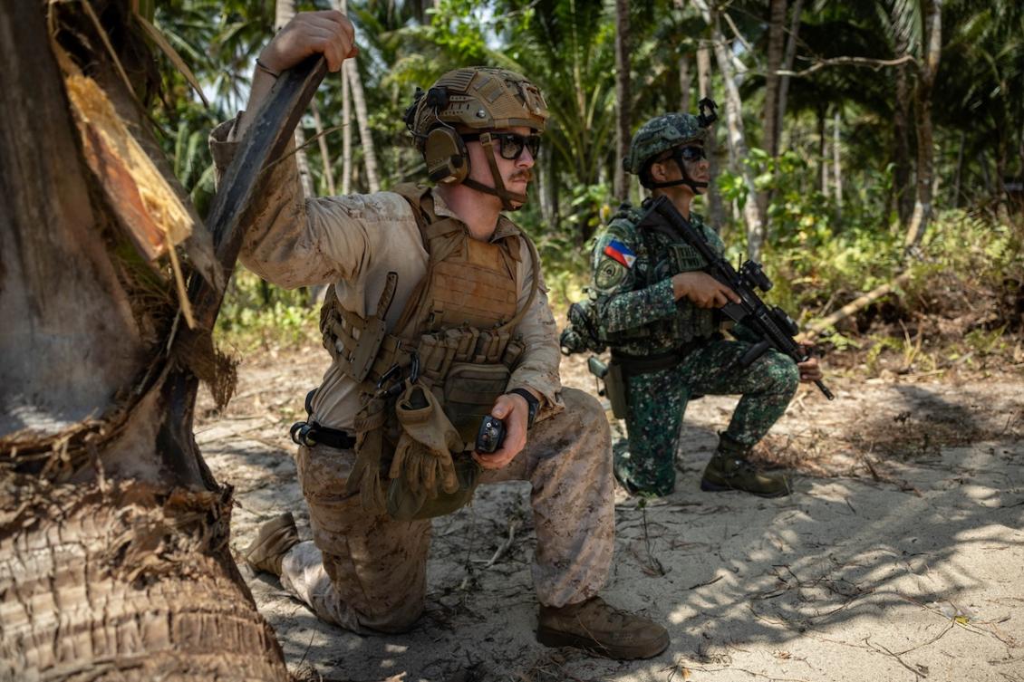 US and Philippine soldiers participate in counter-landing live‑fire exercises during Balikatan at Long Point Beach in Barangay Aporawan, Aborlan, Palawan on April 27, 2026. (Reuters)