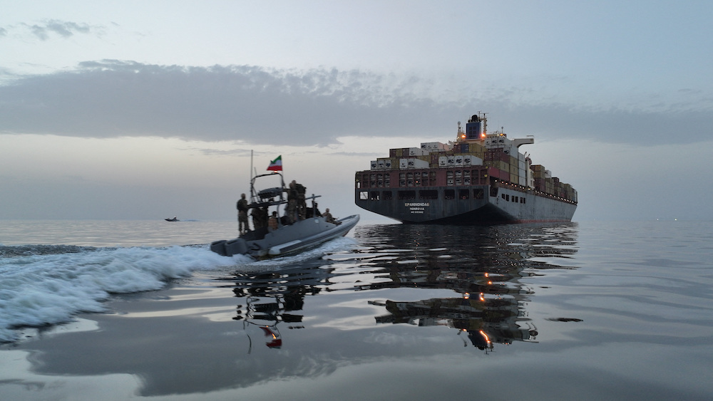 The Epaminondas ship is seen during seizure by the Islamic Revolutionary Guard Corps (IRGC) in the Strait of Hormuz, Iran, in this image obtained by Reuters on April 24, 2026. (Tasnim/WANA/Reuters)