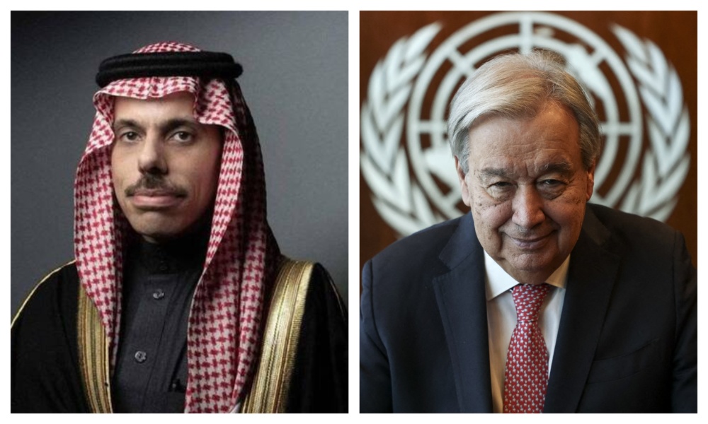 Saudi Foreign Minister Prince Faisal bin Farhan and the Secretary-General of the United Nations Antonio Guterres. (File/AFP)
