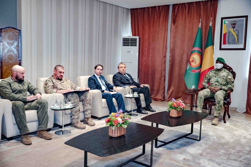 Mali’s junta leader, Assimi Goita, right, meets the Russian ambassador to Mali, Igor Gromyko, second right, and other military and diplomatic officials at the Presidency Palace in Bamako, Mali, Tuesday, April 28, 2026. (Mali Presidency/AP)