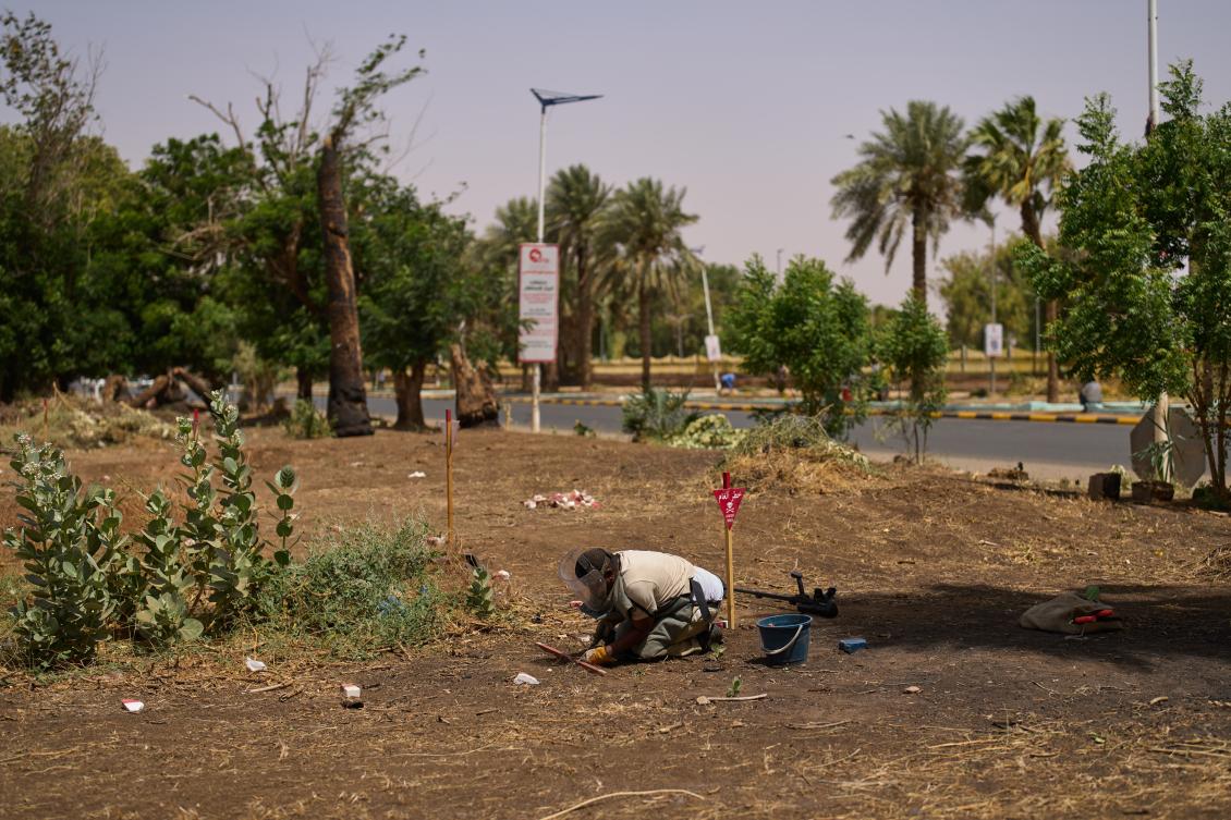 A member of Jasmar's demining team works in a mine-affected area in Khartoum, Sudan, Tuesday, April 21, 2026. (AP Photo/Bernat Armangue)
