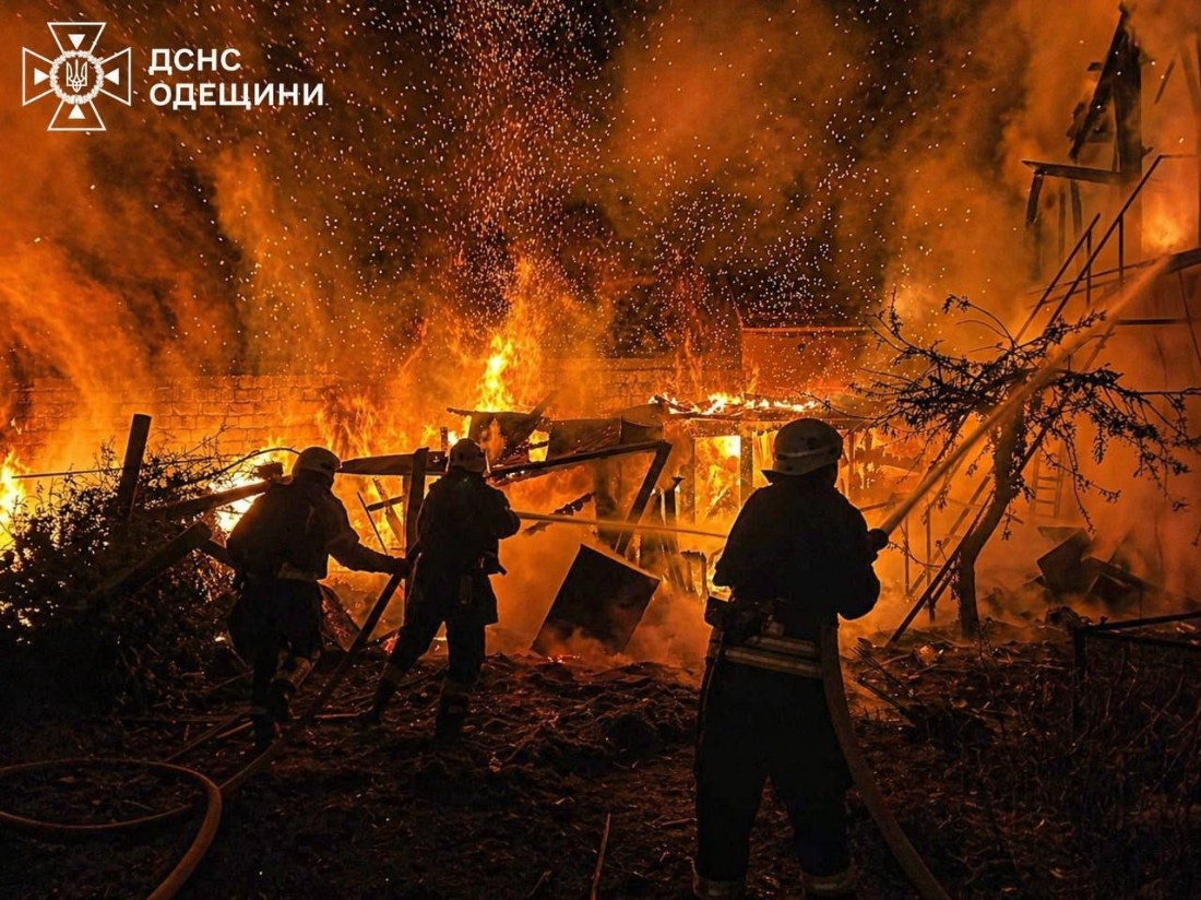 Rescue workers put out a fire of a residential building destroyed by a Russian drone strike on Odesa region, Ukraine. (Ukrainian Emergency Service)