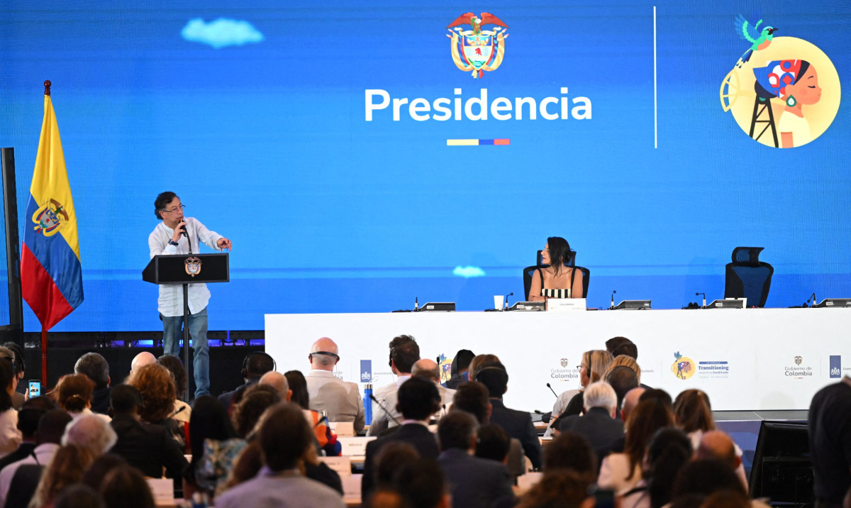 Colombia’s President Gustavo Petro (L) at the International Conference on the Just Transition Away from Fossil Fuels in Santa Marta, Colombia, on April 28, 2026. (AFP)