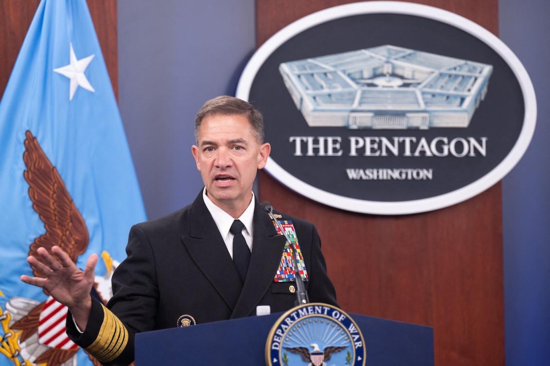 US CENTCOM Commander Admiral Brad Cooper speaks during a press briefing at the Pentagon in Washington, DC, on April 16, 2026. (FILE/AFP)
