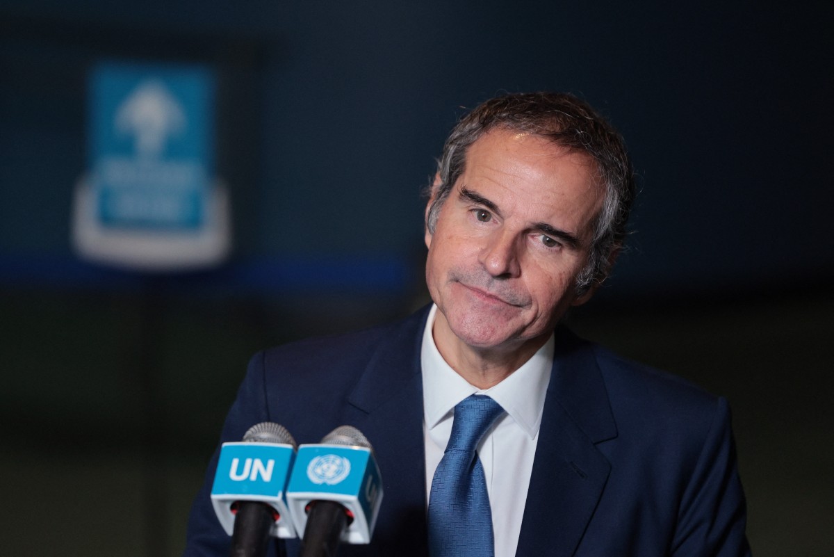Rafael Mariano Grossi, chief of IAEA, speaks to members of the media after an informal dialogue for the candidacy position of the next Secretary-General at the United Nations headquarters, US. (AFP)