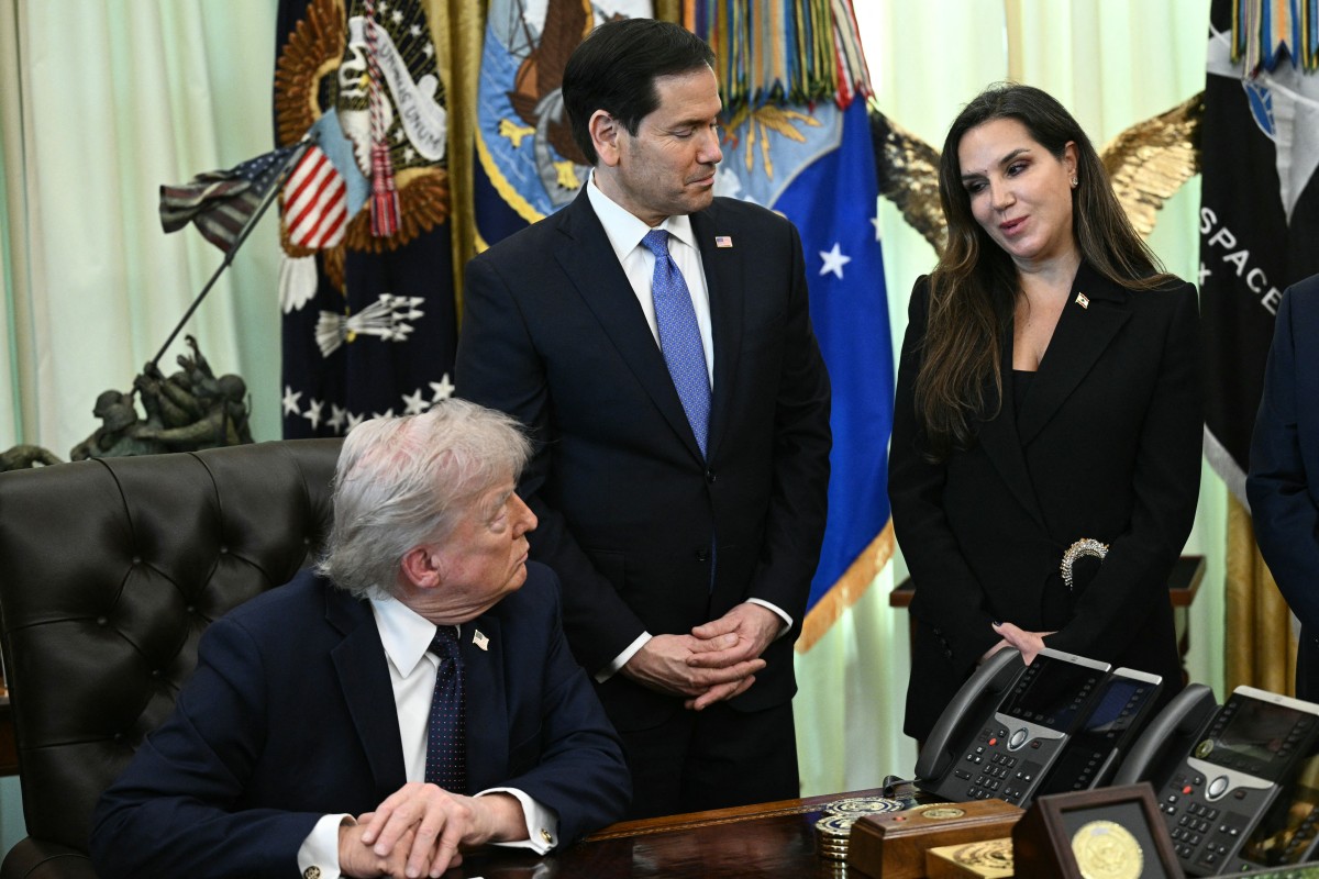 US President Donald Trump and US Secretary of State Marco Rubio listen to Lebanon Ambassador to the US Nada Hamadeh Moawad speak during a meeting in Washington, DC, US. (AFP)