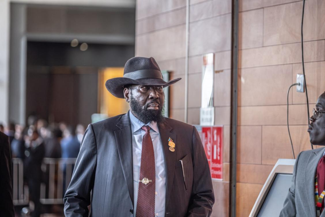 Salva Kiir Mayardit, President of the Republic of South Sudan, leaves the Nelson Mandela Hall after a family photo during the 39th Ordinary Session of the Assembly of the African Union at the AU Headquarters in Addis Ababa on February 14, 2026. (File/AFP)