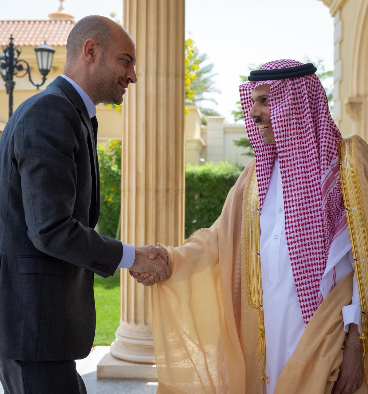 Saudi Foreign Minister Prince Faisal bin Farhan meets with his French counterpart Jean-Noel Barrot in Riyadh on Thursday. (SPA)