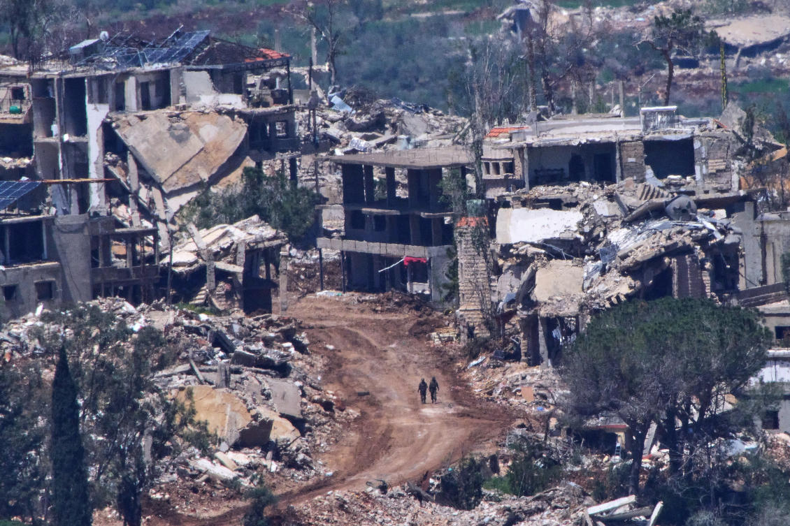 Two Israeli soldiers operate in southern Lebanon, as seen from northern Israel, Apr. 29, 2026. (AP)