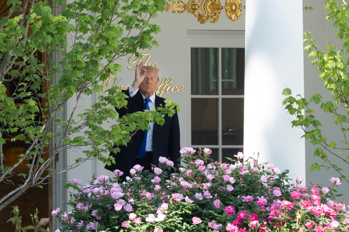President Donald Trump makes a gesture as he checks on the progress on the work on the West Colonnade at the White House off the Rose Garden, Apr. 30, 2026, in Washington. (AP)
