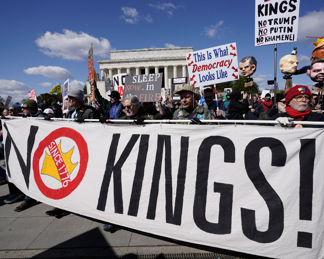 Demonstrators rally in front of the Lincoln Memorial during the No Kings protest in Washington on 28 March 2026. (AP)