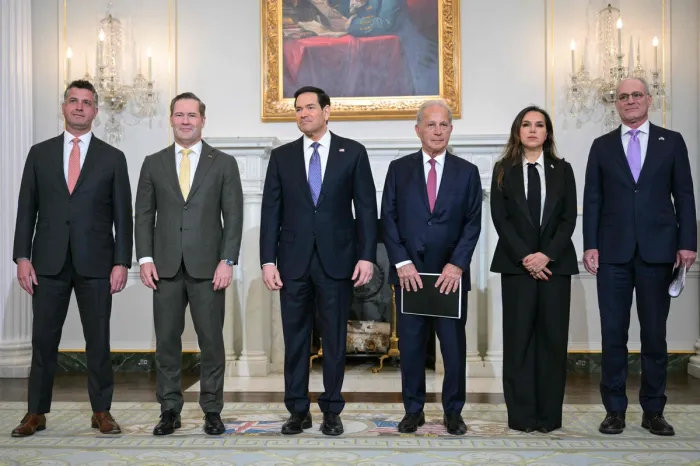 Participants in the Israel-Lebanon talks, including US Secretary of State Mark Rubio (third from left). (AFP)