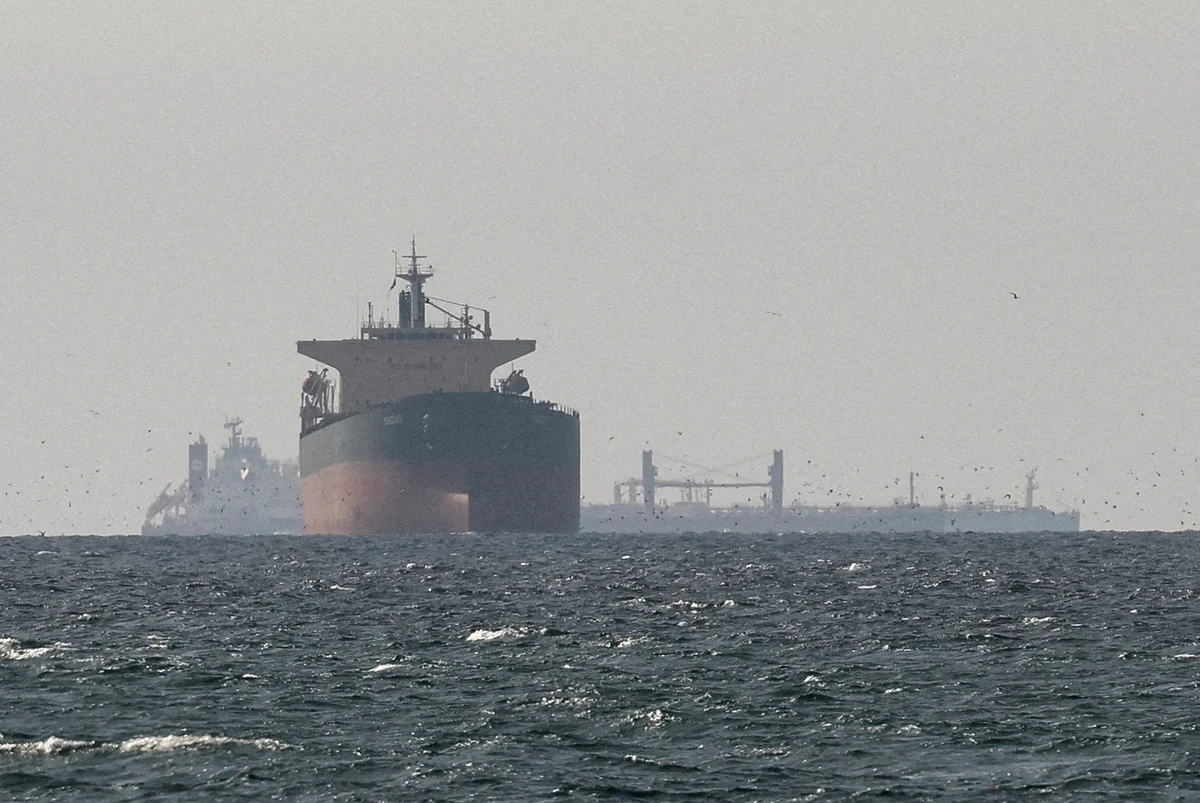 Cargo ships in the Gulf, near the Strait of Hormuz, as seen from northern Ras al-Khaimah, near the border with Oman’s Musandam governance on March 11, 2026. (Reuters)