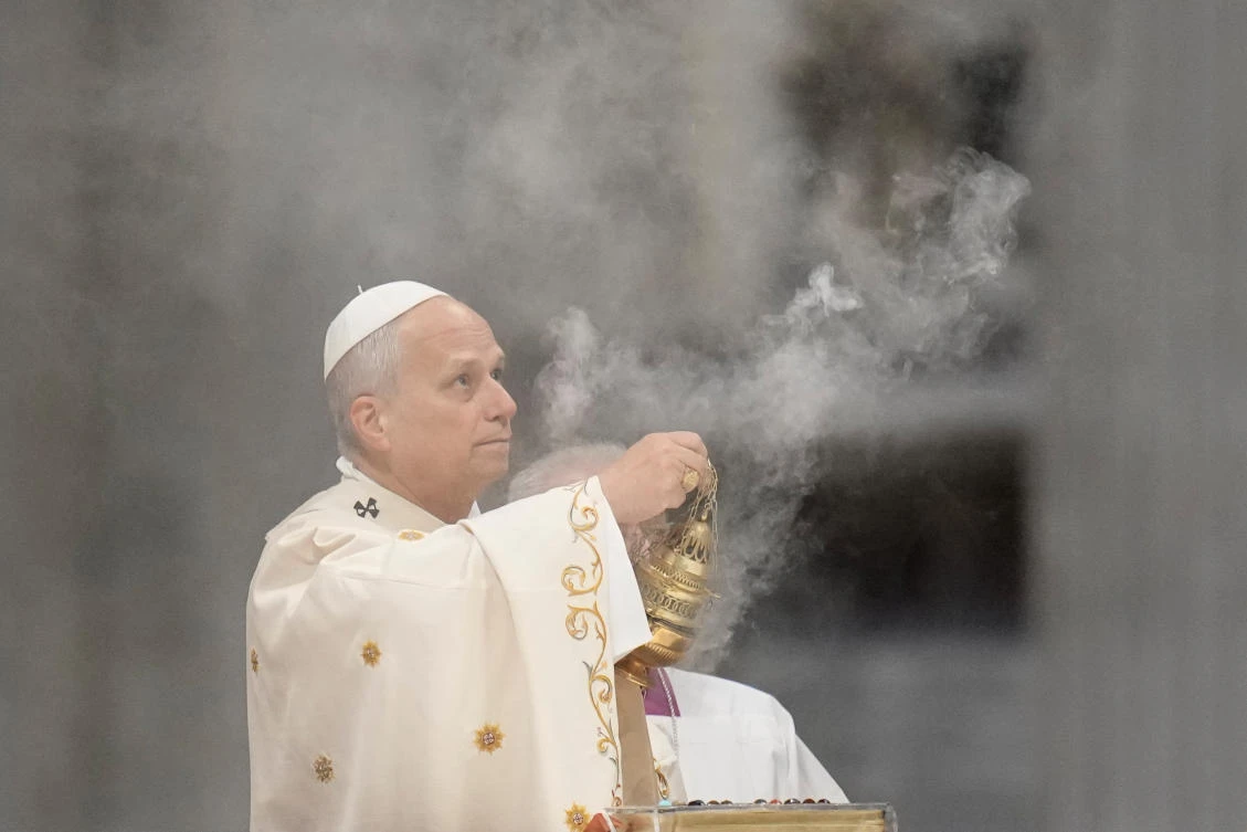 Pope Leo XIV celebrates a Chrism Mass in St. Peter's Basilica, at the Vatican, Thursday, April 2, 2026. (AP Photo/Gregorio Borgia)