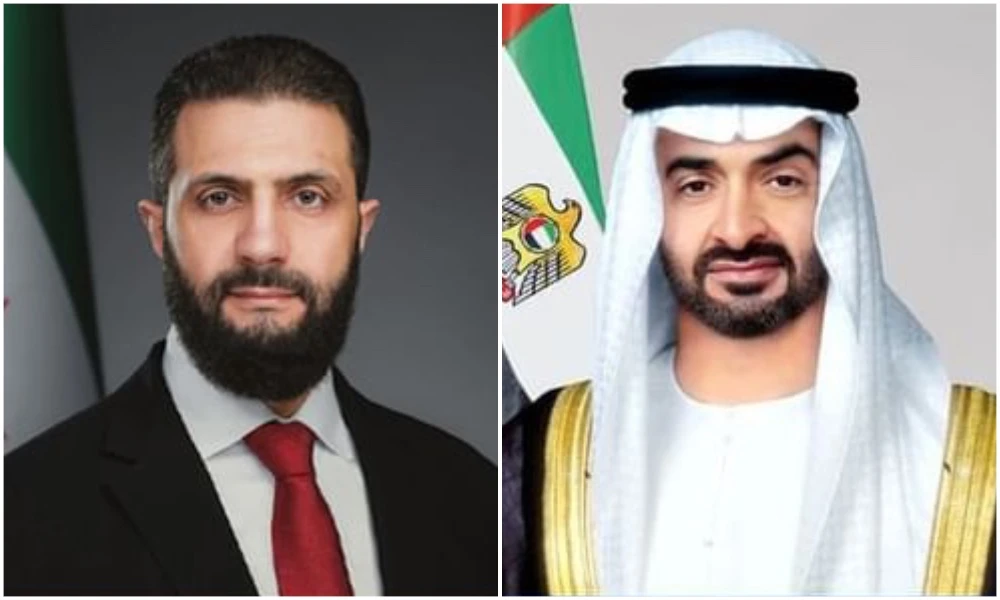 Syrian President Ahmad Al-Sharaa and UAE President Mohamed bin Zayed Al-Nahyan discussed ways to enhance Arab cooperation. (SANA)