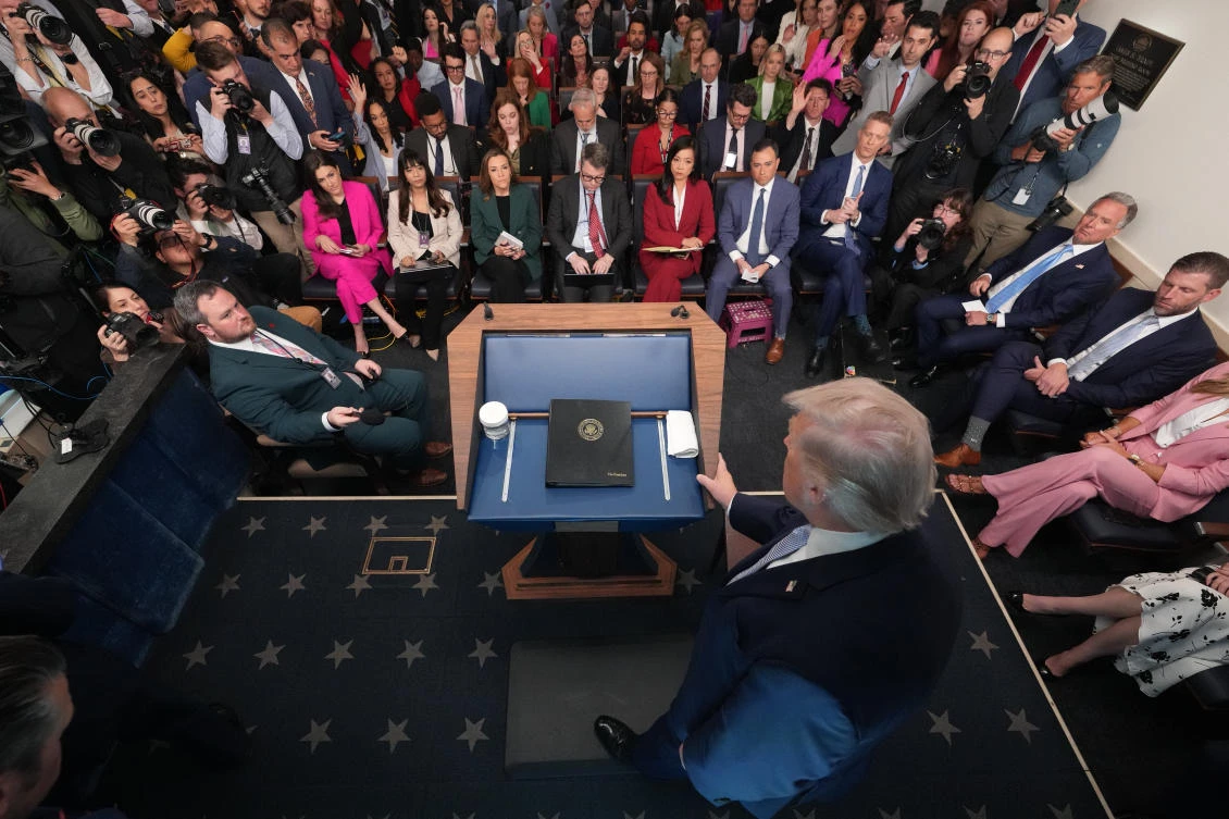 President Donald Trump speaks with reporters in the James Brady Press Briefing Room at the White House, Monday, April 6, 2026, in Washington. (AP Photo)