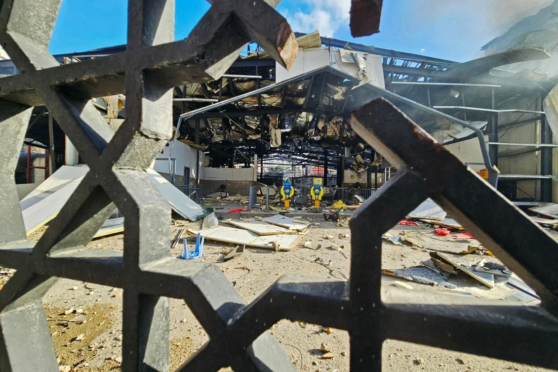 This photograph shows the damage at the site of an Israeli airstrike that targeted Sayyid Al-Shuhada complex in the Haret Hreik neighborhood of Beirut’s southern suburbs, on Apr. 5, 2026. (AFP)