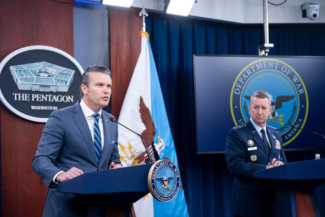 Defense Secretary Pete Hegseth and Chairman of the Joint Chiefs of Staff Gen. Dan Caine during a press briefing at the Pentagon on Thursday. (AP Photo)