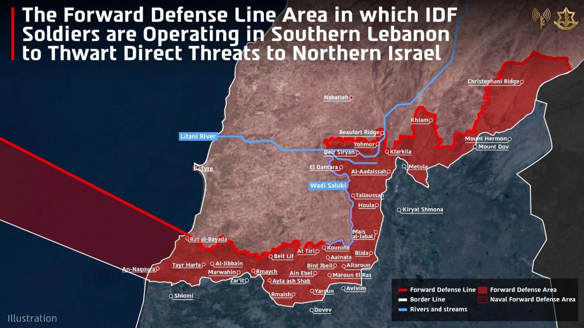 A handout graphic of a map, according to the Israeli military, shows the Forward Defense Line and the area in which they are operating in southern Lebanon, published on April 19, 2026. (Reuters)