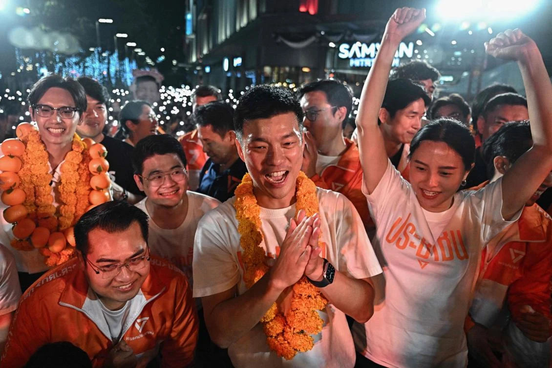 Natthaphong Ruengpanyawut, leader of Thailand’s largest opposition party, was among the 10 members of parliament that a court decided to hear a case for trying to reform the royal insult law. (AFP)
