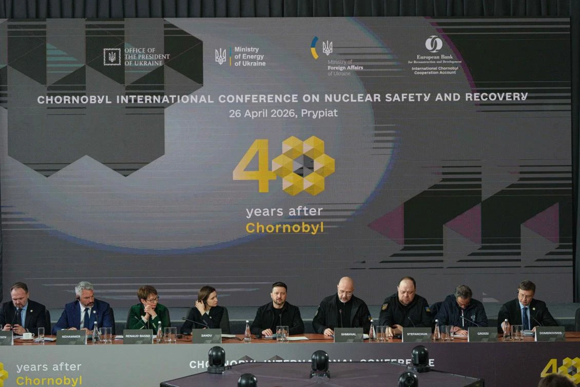Moldova’s President Maia Sandu and Ukraine’s President Volodymyr Zelensky attend a nuclear safety conference at the Chernobyl nuclear power plant, Ukraine, Sunday, April 26, 2026. Chornobyl is the Ukrainian name for the city. (AP Photo/Evgeniy Maloletka)