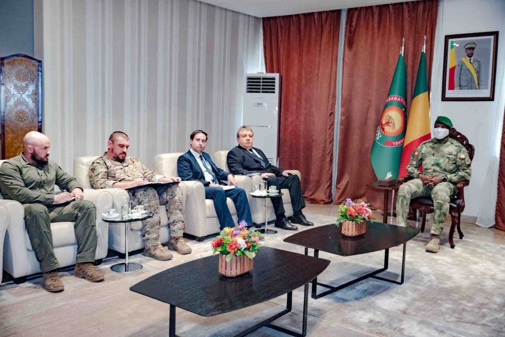 Mali’s junta leader, Assimi Goita, right, meets the Russian ambassador to Mali, Igor Gromyko, second right, and other military and diplomatic officials at the Presidency Palace in Bamako, Mali, Tuesday, April 28, 2026. (Mali Presidency/AP)