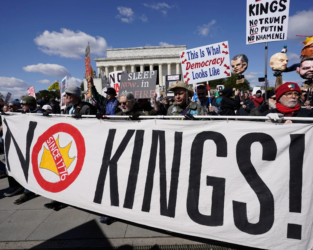 Demonstrators rally in front of the Lincoln Memorial during the No Kings protest in Washington on 28 March 2026. (AP)
