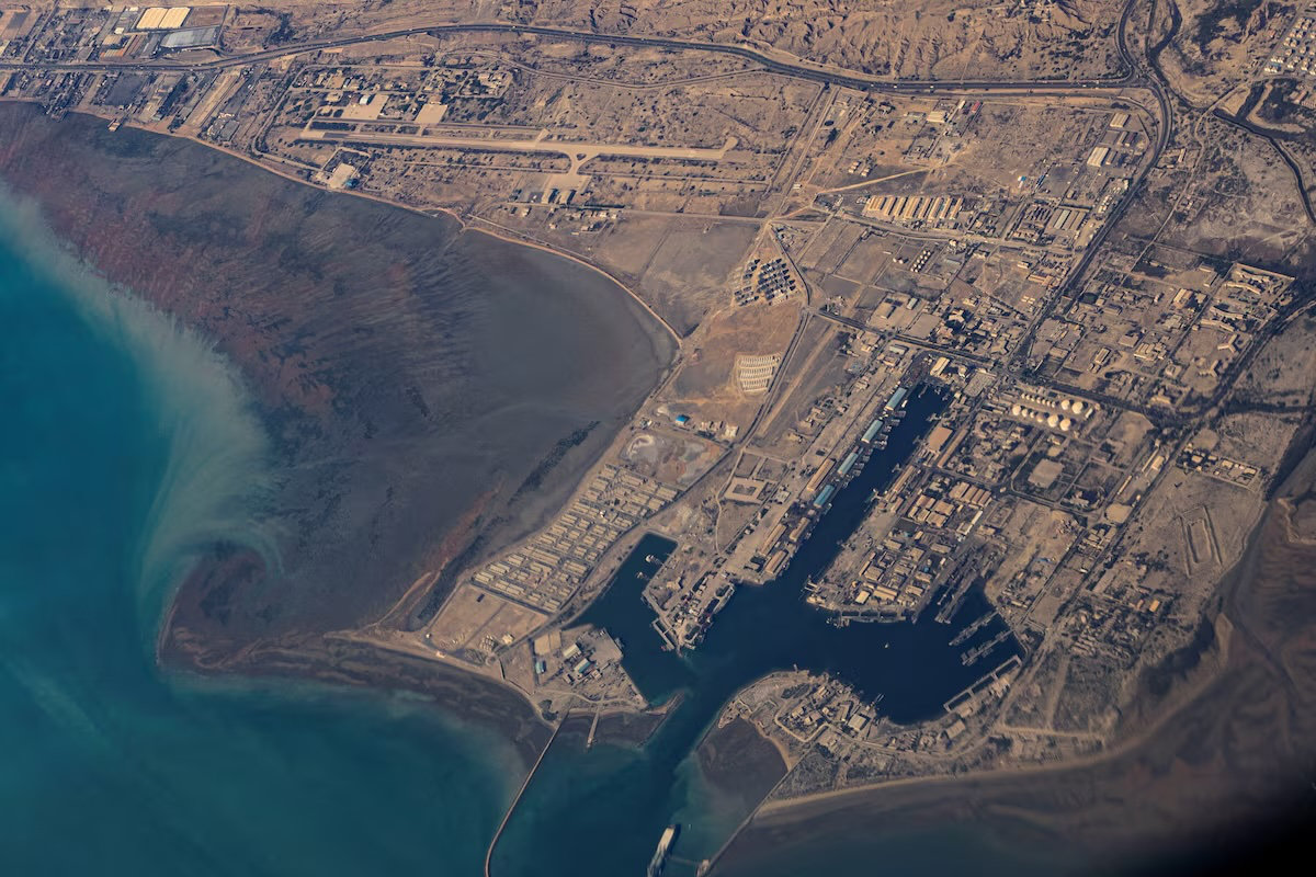 An aerial view of the Iranian shores and Port of Bandar Abbas in the strait of Hormuz. (Reuters)