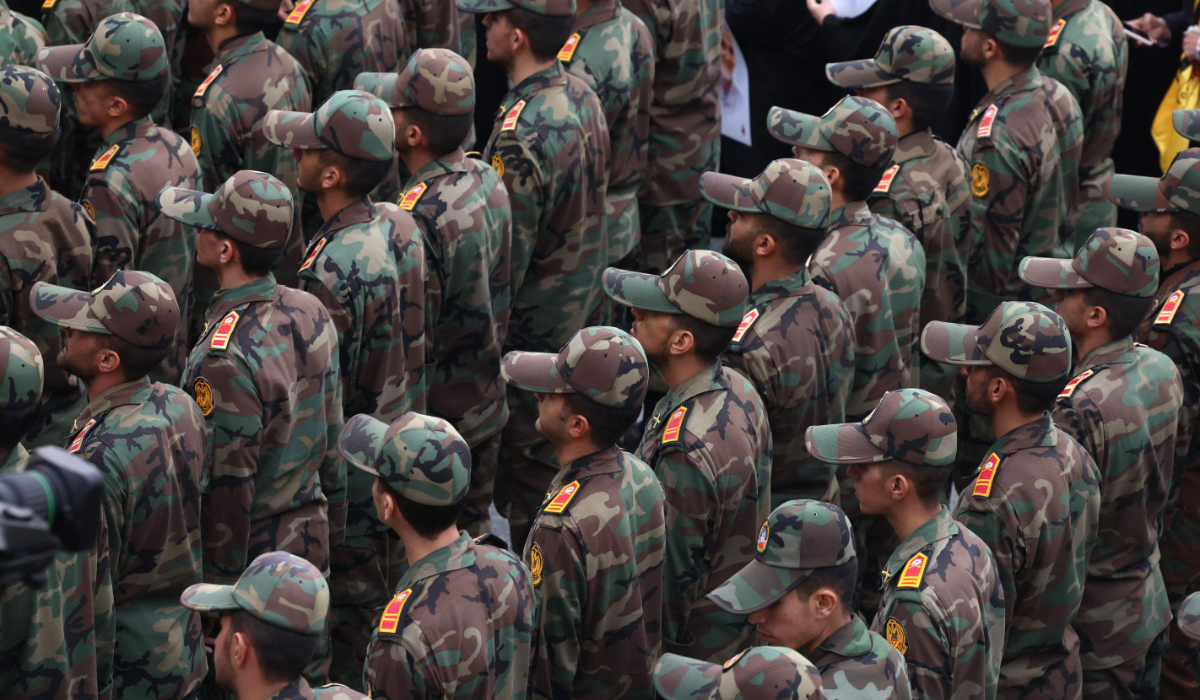 Revolutionary Guard Corps cadets attend the funeral of Razi Moussavi in Tehran, on December 28, 2023. (AFP)