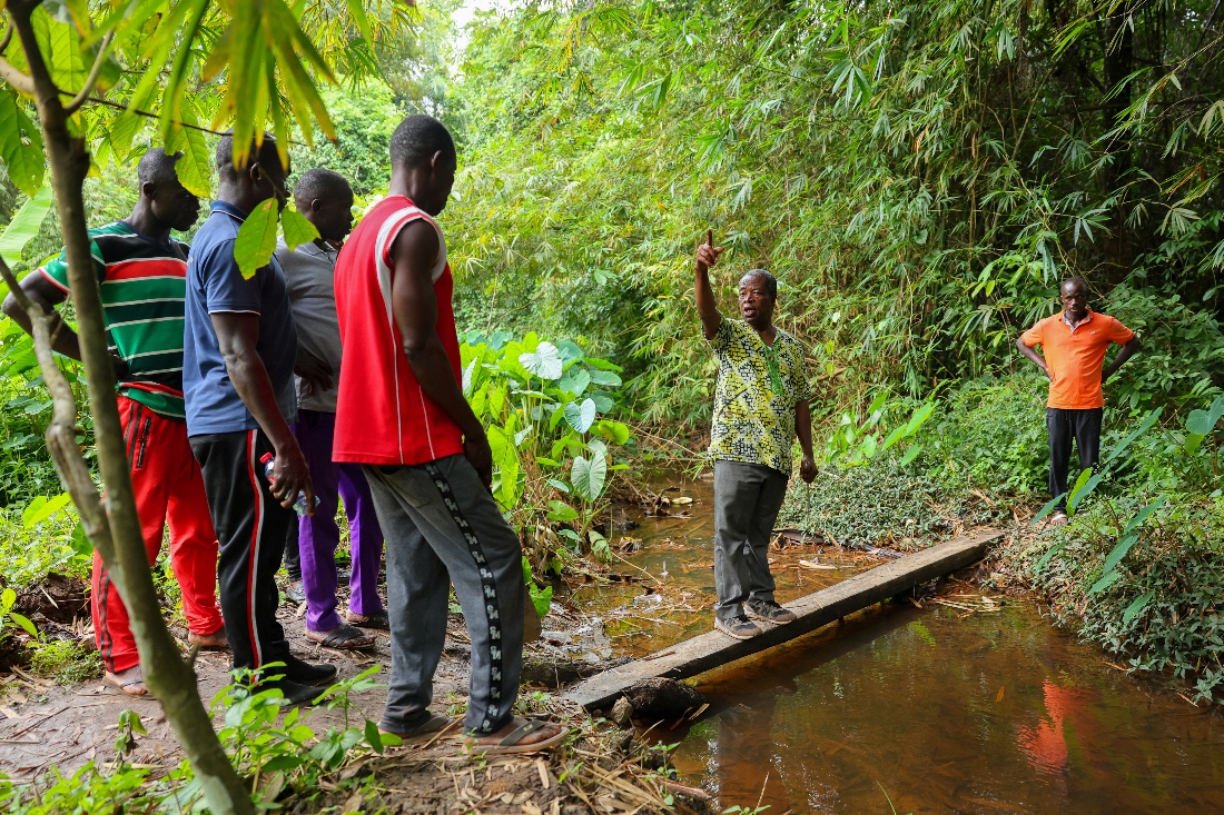 Friar Joseph Kwame Blay, center, a Ghanaian Franciscan Catholic Pries and native of Jema, and members of a local anti-illegal gold mining task force patrol a forest reserve in the Jema community in the Western North Region, Ghana. (AP)
