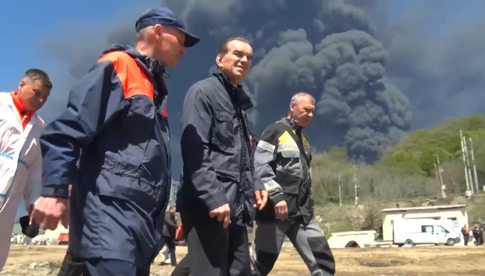 Veniamin Kondratyev, 2nd right, inspects the aftermath of the drone attack on the oil refinery and terminal in Tuapse, Russia, on Wednesday, April 29, 2026. (Krasnodar Region Governor Veniamin Kondratyev Telegram channel/AP)