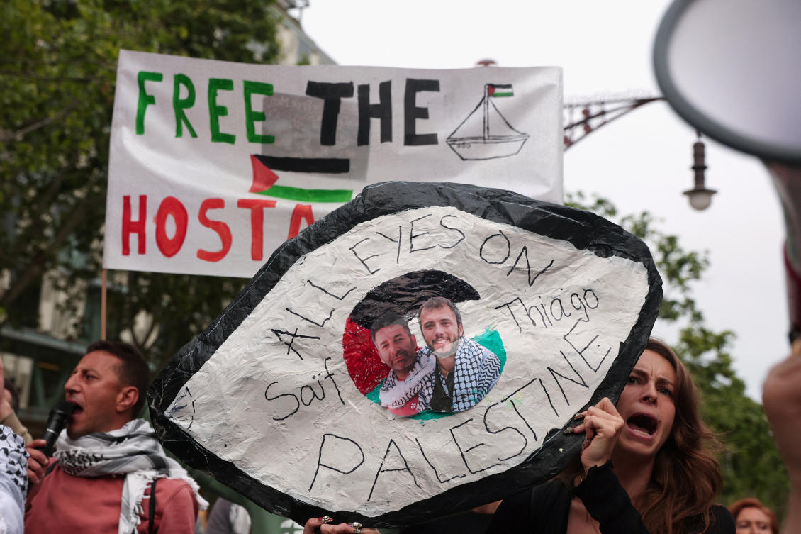 People gather in front of the European Commission office in Barcelona in support of activists Saif Abu Keshek and Thiago Avila, members of the Global Summud Flotilla detained by Israel, in Barcelona, Spain, May 2, 2026. (Reuters)