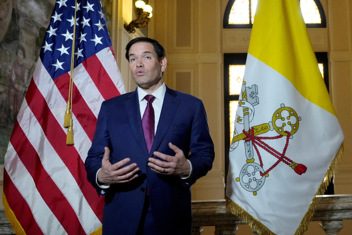 Secretary of State Marco Rubio speaks to the media at the US Embassy to the Holy See in Rome, May 17, 2025. (Reuters)