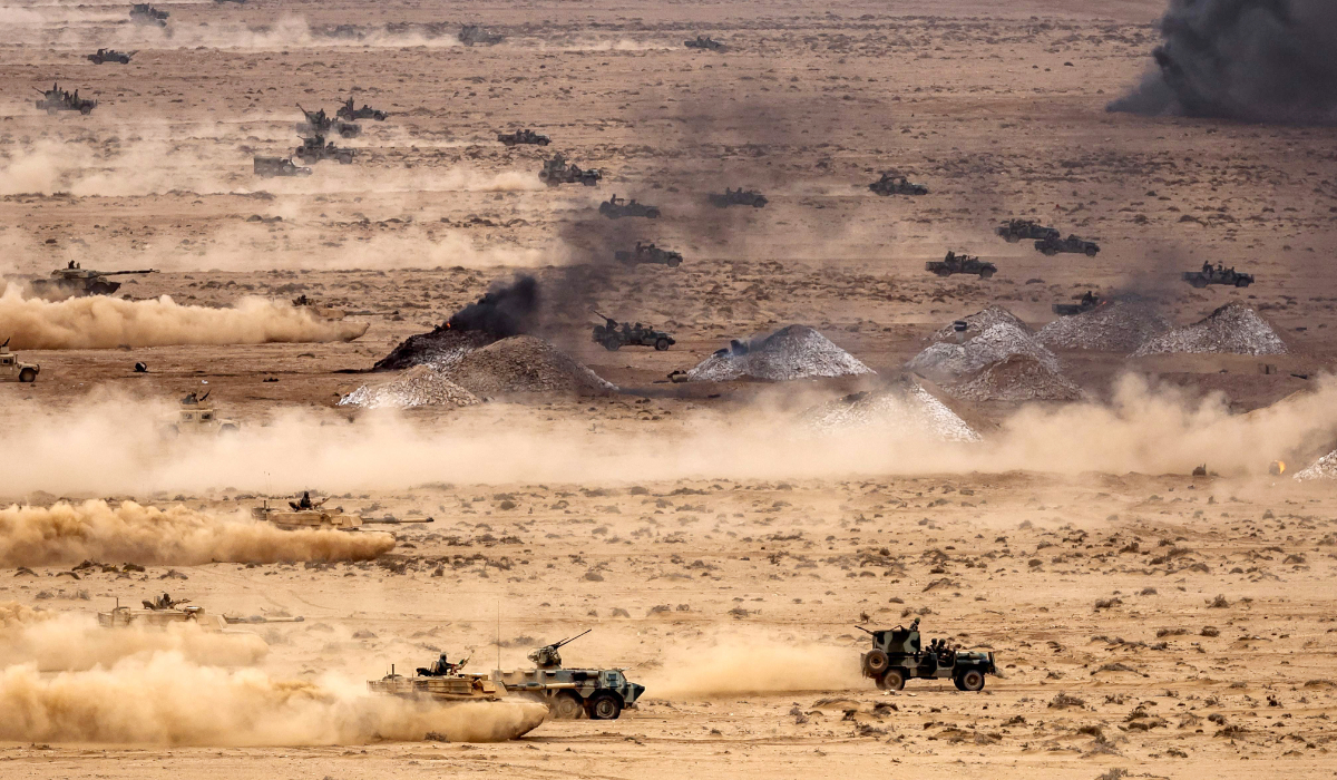 Military vehicles take part in the annual "African Lion" joint military exercise between US and Moroccan forces in the Tan-Tan region in southwestern Morocco on May 31, 2024. (AFP)