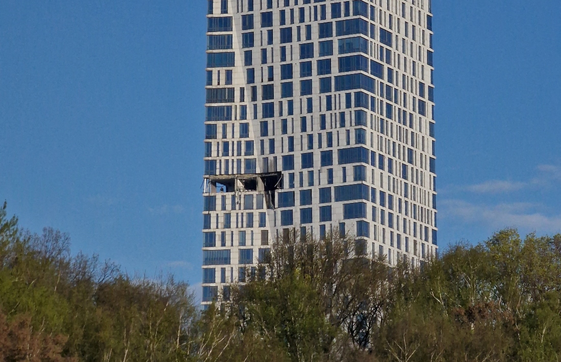The damaged facade of a high-rise building following a drone attack, amid the Russia-Ukraine conflict, in Moscow, Russia. (Reuters)