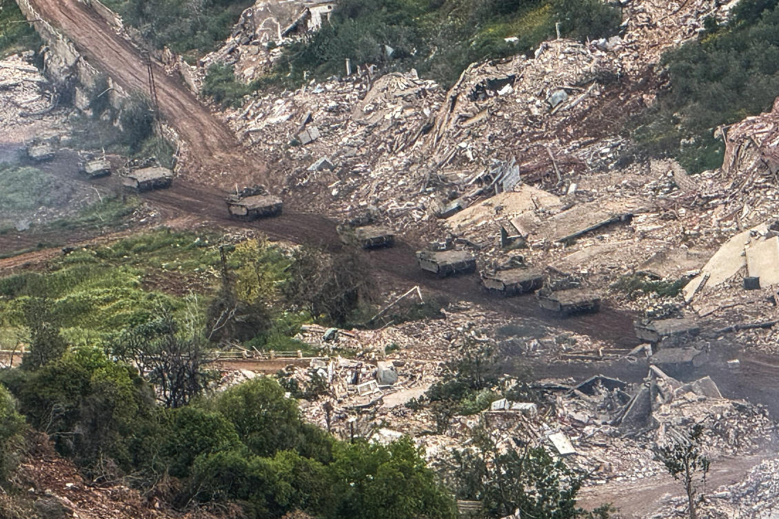 Above, Israeli military vehicles drive toward the Israel-Lebanon border on May 4, 2026. Israel has kept up deadly strikes on Lebanon despite the April 17 ceasefire. (Reuters)