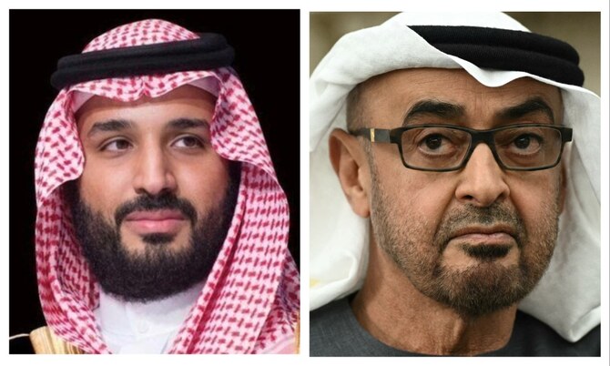 Saudi Crown Prince Mohammed bin Salman and the President of the UAE Sheikh Mohamed bin Zayed Al-Nahyan. (File/SPA/AFP)