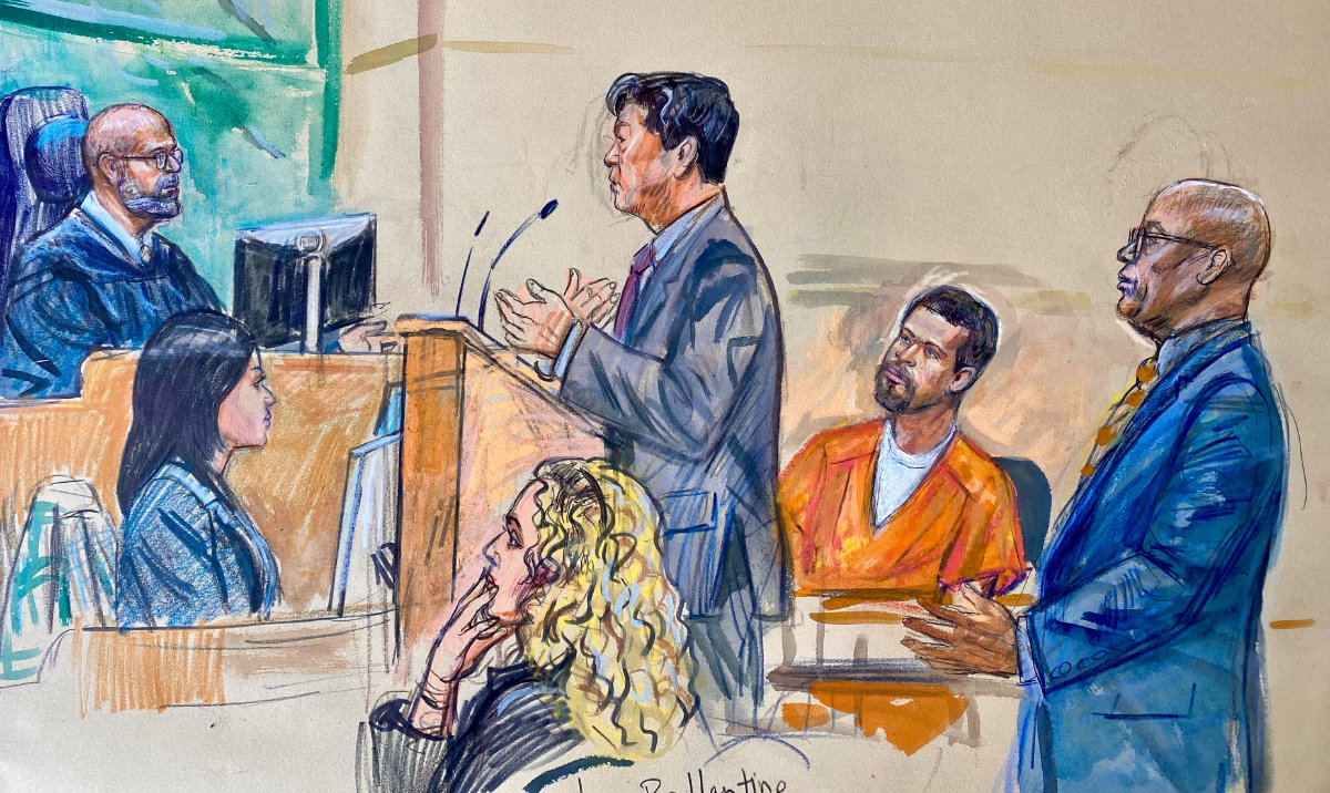 This courtroom sketch depicts Cole Tomas Allen, second from right, listening as his attorney Eugene Ohm, left, speaks to U.S. Magistrate Judge Zia Faruqui, Monday, May 4, 2026, in Washington, as Tony Towns, the acting general counsel for the District of Columbia Department of Corrections, right, and assistant U.S. Attorney Jocelyn Ballantine, lower center, listen. (AP)