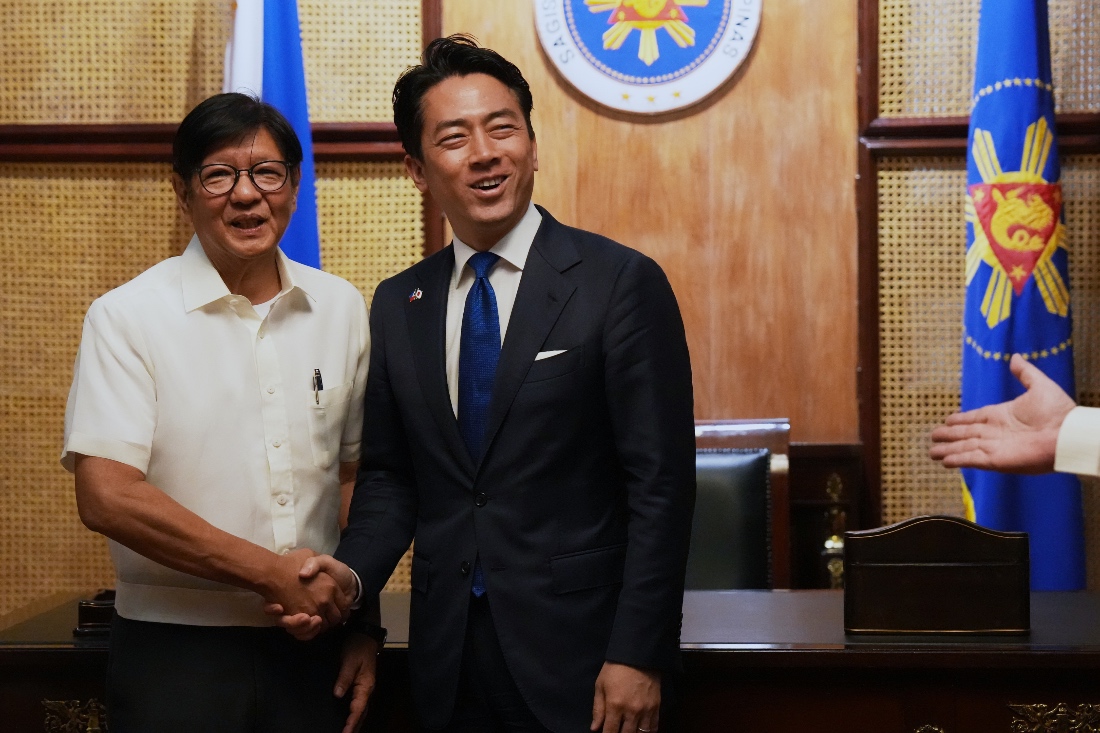 Philippine President Ferdinand Marcos Jr. greets Japan's Defense Minister Shinjiro Koizumi at the Malacanang presidential palace in Manila, Philippines. (AP)