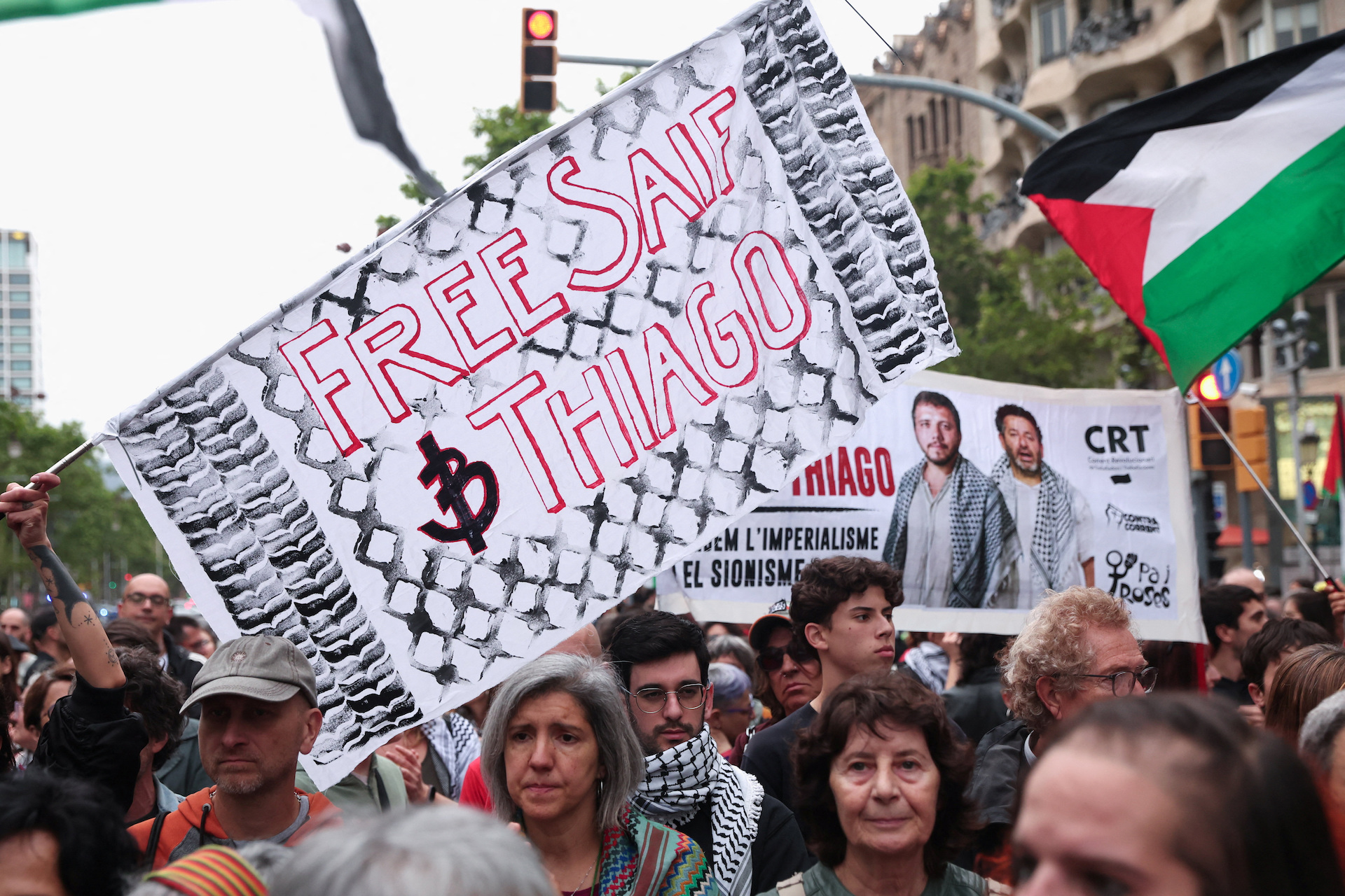 People gather in front of the European Commission office in Barcelona in support of activists Saif Abu Keshek and Thiago Avila, members of the Global Summud Flotilla detained by Israel, in Barcelona, Spain, May 2, 2026. (Reuters)