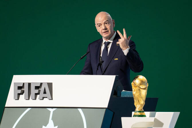 FIFA President Gianni Infantino speaks during the 76th FIFA Congress in Vancouver, British Columbia, on April 30, 2026. (Via AP)