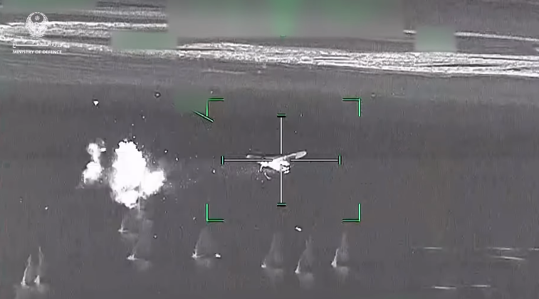 UAE air defenses intercept an Iranian drone in a screengrab from a video released by the UAE's defense ministry in March. (UAE MOD screengrab)