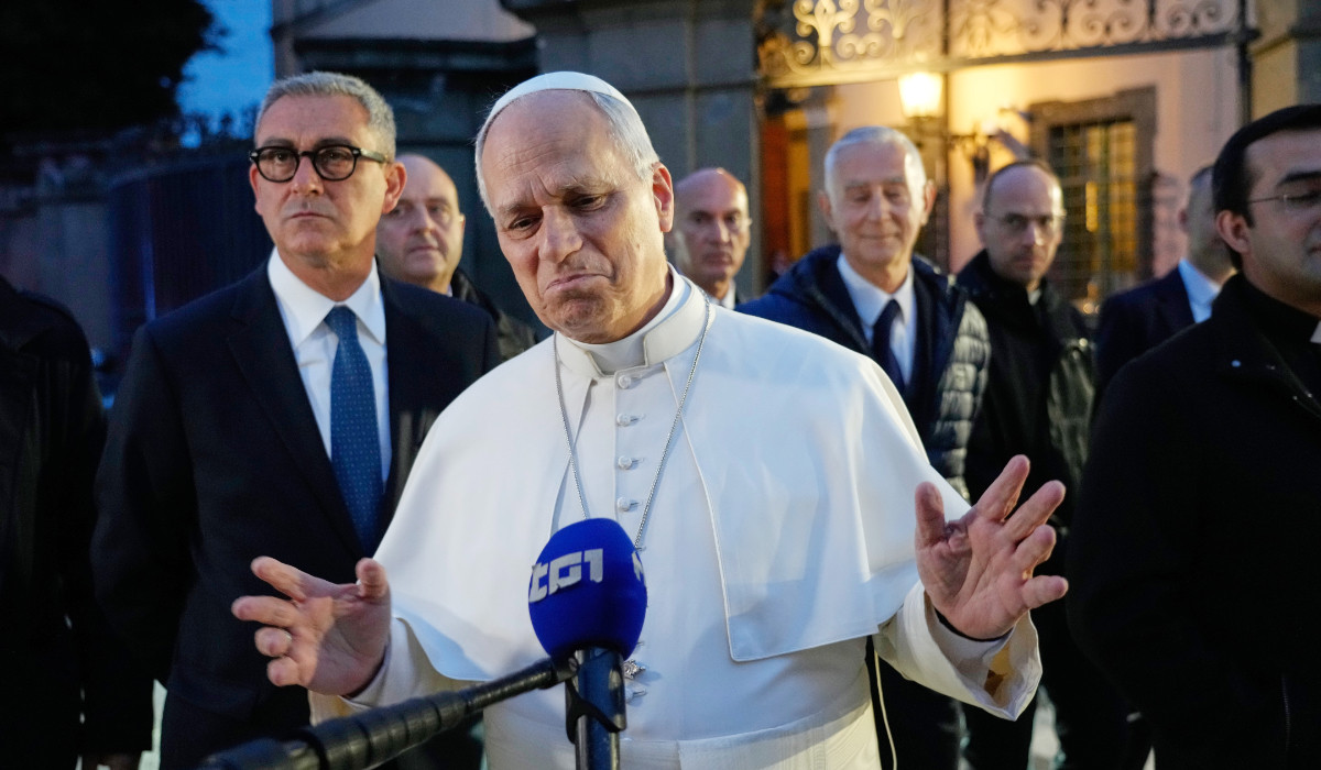 Pope Leo XIV talks to journalists as he leaves his residence in Castel Gandolfo, on the outskirts of Rome, to return to the Vatican, Tuesday, May 5, 2026. (AP)