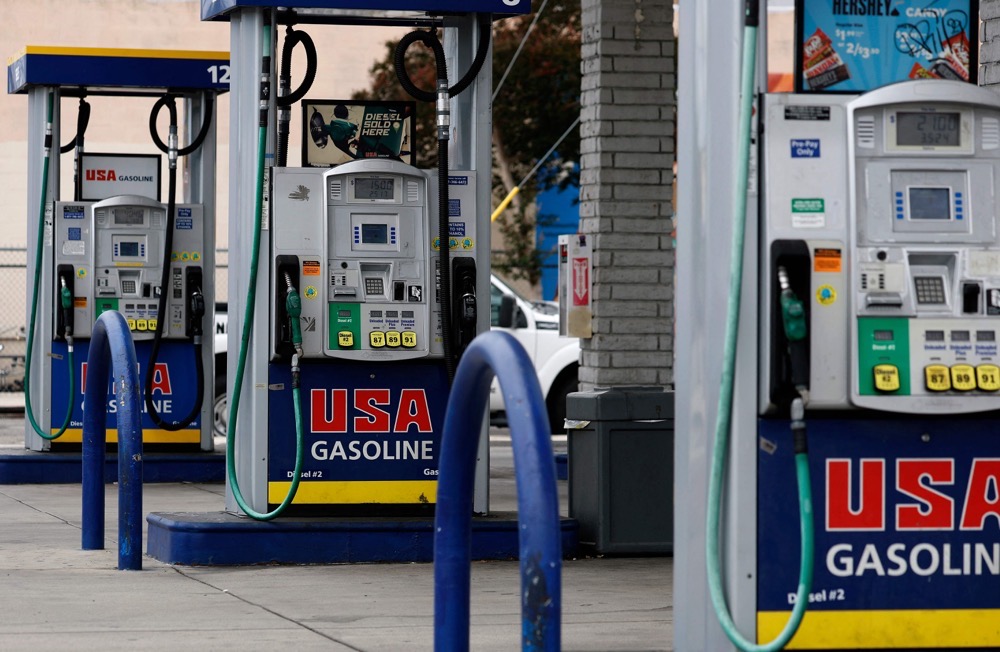 A view of gas pumps at a USA Gasoline station on May 04, 2026 in Los Angeles, California. (Getty Images/AFP)