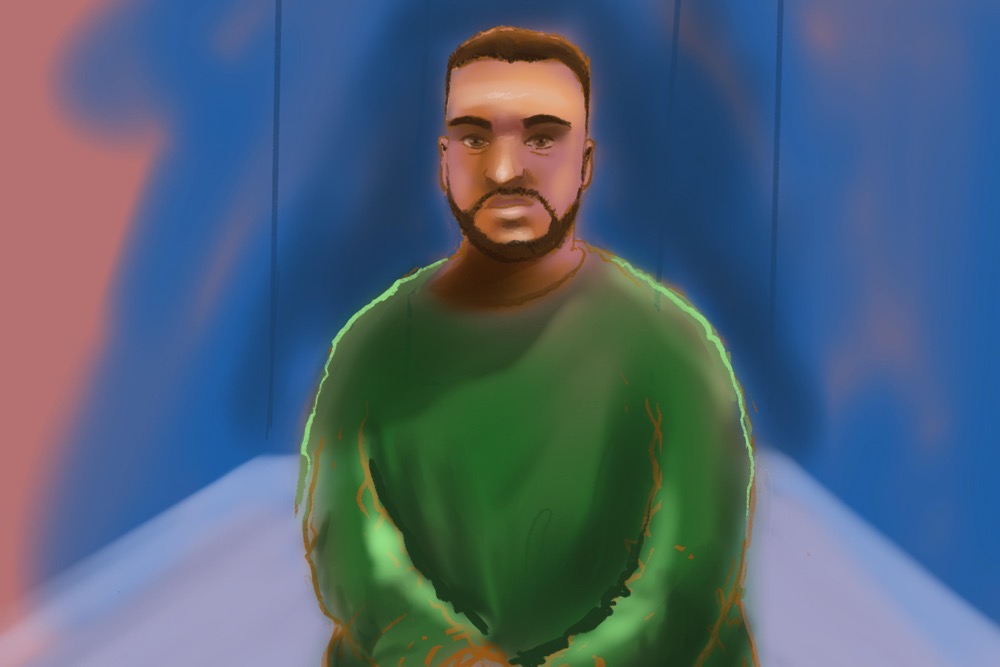 A court sketch depicts accused Bondi shooter Naveed Akram appearing via video link from Goulburn Supermax prison, at Downing Centre Local Court in Sydney. (AAP Image/AP/File)