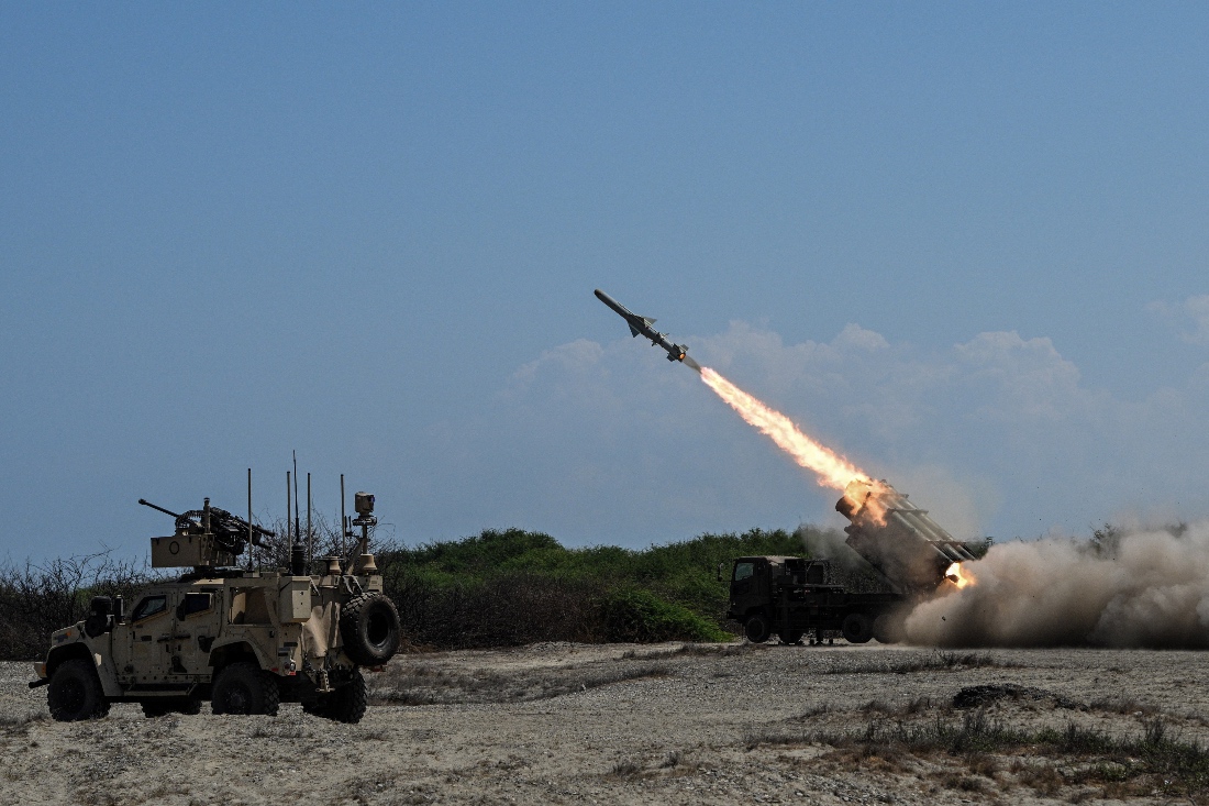 A Japan Ground Self-Defense Force (JGSDF) Type 88 surface-to-ship missile launcher fires during the Joint Task Force (JTF) Maritime Strike, at the annual joint military exercises between the US and the Philippines, at Culili Point Sand Dunes, Philippines. (Reuters)