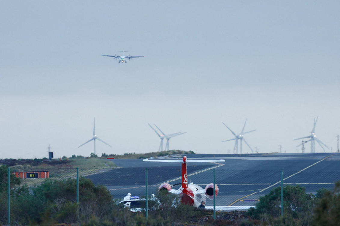 An aircraft carrying hantavirus patients, originally bound for Amsterdam, makes an emergency stop at Gran Canaria airport in Ingenio, Spain, on May 6, 2026. (Reuters)