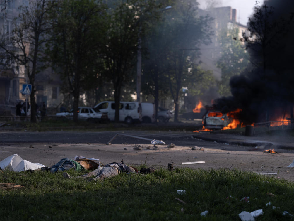 This photo provided by Ukraine’s 93rd Kholodnyi Yar Separate Mechanized Brigade press service, shows the site of an aerial guided bomb strike after Russia’s air attack in Kramatorsk, Donetsk region, May 5, 2026. (AP)